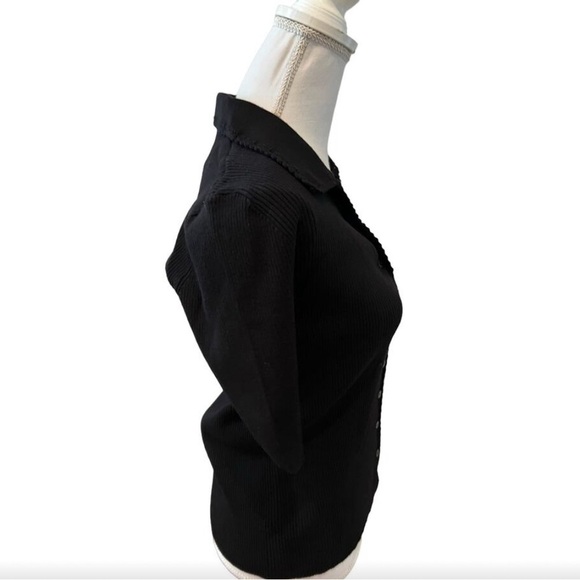 Elie Tahari Ribbed Collared Short Sleeve Cardigan Sweater Black S - Picture 7 of 7